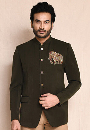 Hand Embroidered Terry Rayon Bandhgala in Dark Olive Green