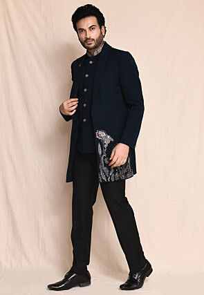 Hand Embroidered Terry Rayon Bandhgala in Navy Blue