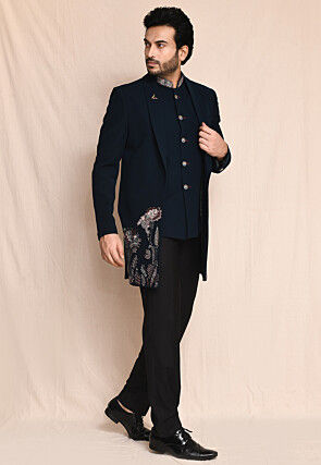 Hand Embroidered Terry Rayon Bandhgala in Navy Blue