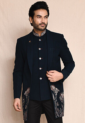 Hand Embroidered Terry Rayon Bandhgala in Navy Blue