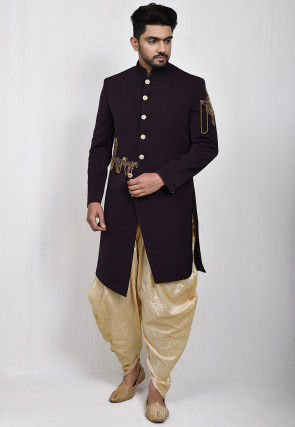 Hand Embroidered Terry Rayon Dhoti Sherwani in Violet