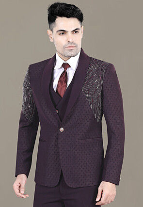Hand Embroidered Terry Rayon Jacquard Blazer in Wine