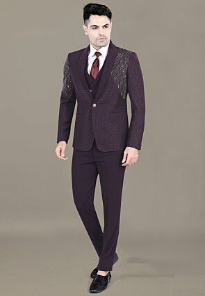 Hand Embroidered Terry Rayon Jacquard Suit Set in Wine