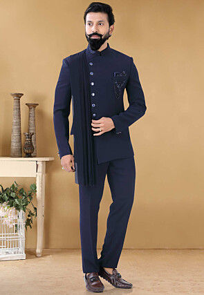 Hand Embroidered Terry Rayon Jodhpuri Suit in Navy Blue