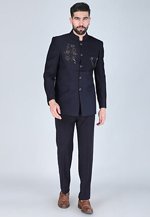 Hand Embroidered Terry Rayon Jodhpuri Suit in Navy Blue