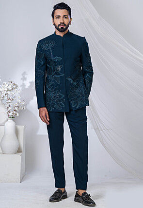 Hand Embroidered Terry Rayon Jodhpuri Suit in Teal Blue
