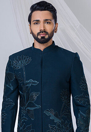 Hand Embroidered Terry Rayon Jodhpuri Suit in Teal Blue