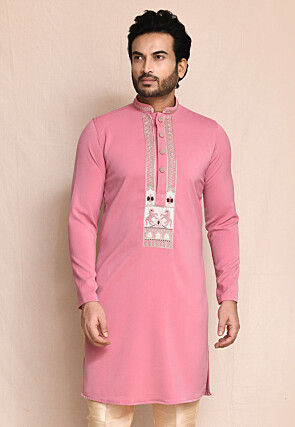 Hand Embroidered Terry Rayon Kurta in Pink