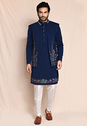 Hand Embroidered Terry Rayon Kurta Set in Blue