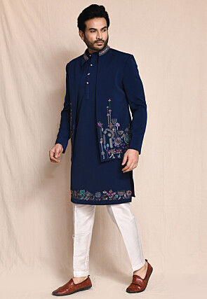 Hand Embroidered Terry Rayon Kurta Set in Blue