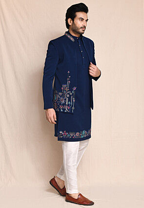 Hand Embroidered Terry Rayon Kurta Set in Blue