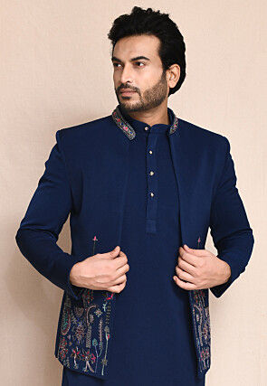Hand Embroidered Terry Rayon Kurta Set in Blue