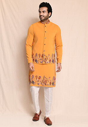 Hand Embroidered Terry Rayon Kurta Set in Orange
