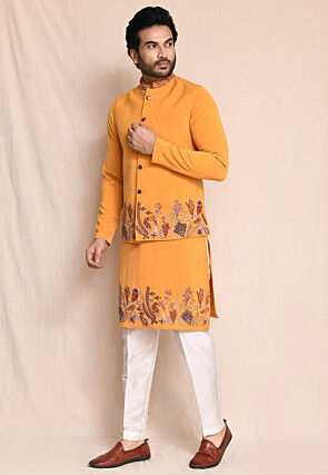 Hand Embroidered Terry Rayon Kurta Set in Orange