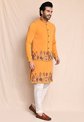 Hand Embroidered Terry Rayon Kurta Set in Orange