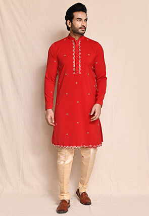 Hand Embroidered Terry Rayon Kurta Set in Red