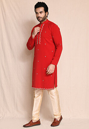 Hand Embroidered Terry Rayon Kurta Set in Red