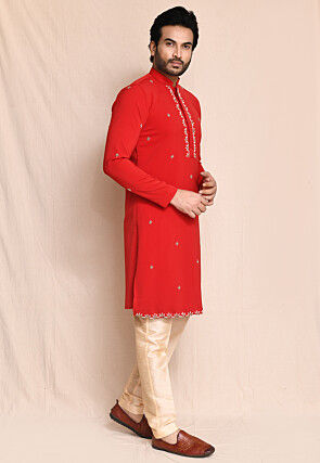 Hand Embroidered Terry Rayon Kurta Set in Red