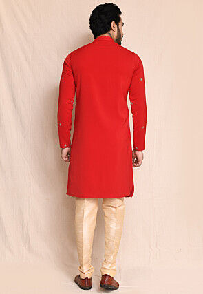 Hand Embroidered Terry Rayon Kurta Set in Red