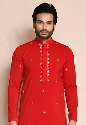 Hand Embroidered Terry Rayon Kurta Set in Red