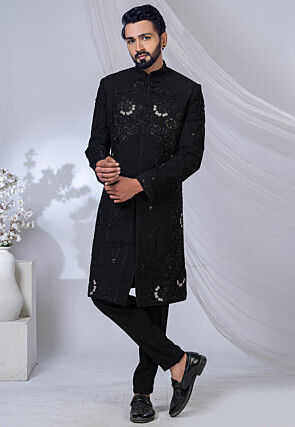 Hand Embroidered Terry Rayon Sherwani in Black