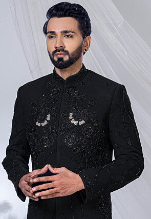 Hand Embroidered Terry Rayon Sherwani in Black