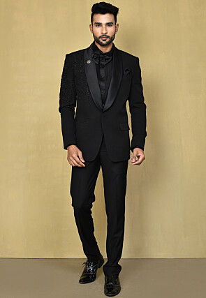 Hand Embroidered Terry Rayon Tuxedo in Black