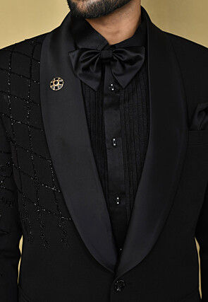 Hand Embroidered Terry Rayon Tuxedo in Black
