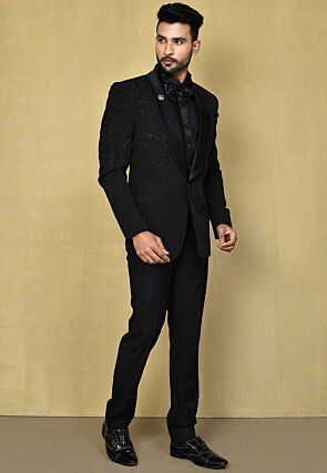 Hand Embroidered Terry Rayon Tuxedo in Black