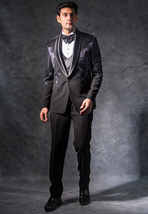 Hand Embroidered Terry Rayon Tuxedo Set in Black