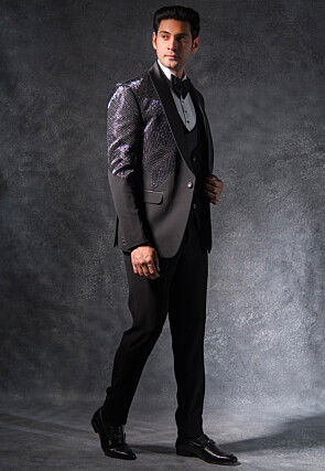 Hand Embroidered Terry Rayon Tuxedo Set in Black