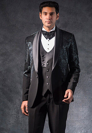 Hand Embroidered Terry Rayon Tuxedo Set in Black