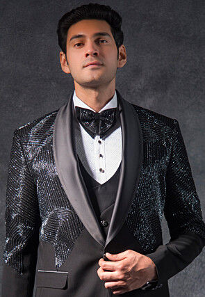 Hand Embroidered Terry Rayon Tuxedo Set in Black