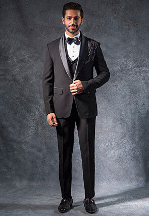 Hand Embroidered Terry Rayon Tuxedo Set in Black