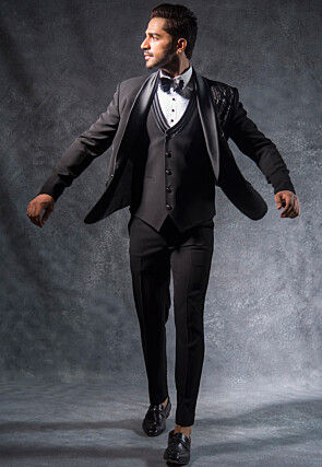 Hand Embroidered Terry Rayon Tuxedo Set in Black