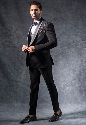 Hand Embroidered Terry Rayon Tuxedo Set in Black