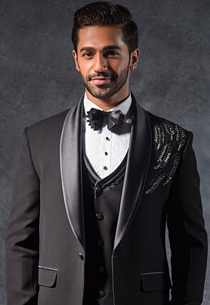 Hand Embroidered Terry Rayon Tuxedo Set in Black