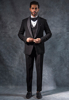 Hand Embroidered Terry Rayon Tuxedo Set in Black