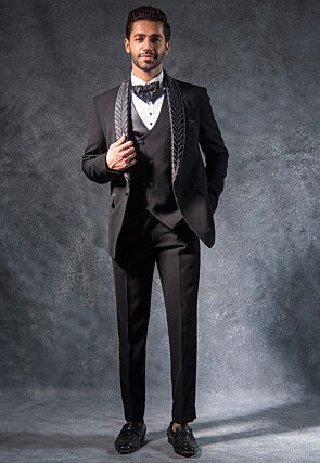 Hand Embroidered Terry Rayon Tuxedo Set in Black