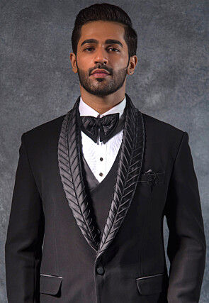 Hand Embroidered Terry Rayon Tuxedo Set in Black