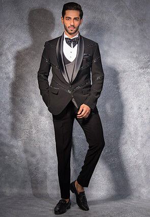 Hand Embroidered Terry Rayon Tuxedo Set in Charcoal
