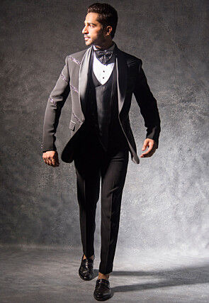 Hand Embroidered Terry Rayon Tuxedo Set in Charcoal