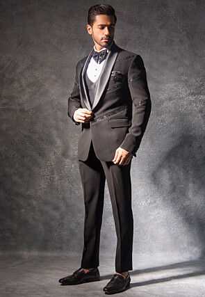 Hand Embroidered Terry Rayon Tuxedo Set in Charcoal