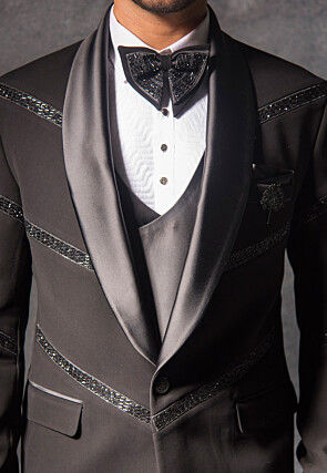 Hand Embroidered Terry Rayon Tuxedo Set in Charcoal