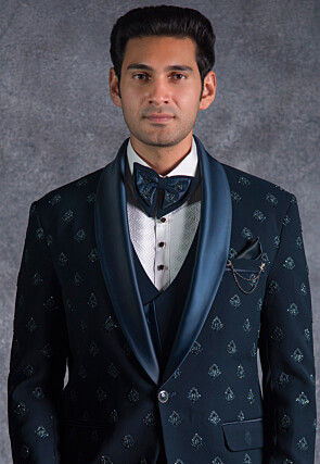 Hand Embroidered Terry Rayon Tuxedo Set in Teal Blue