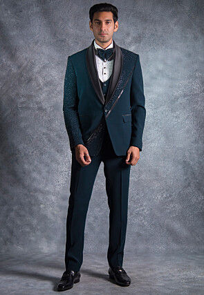 Hand Embroidered Terry Rayon Tuxedo Set in Teal Blue