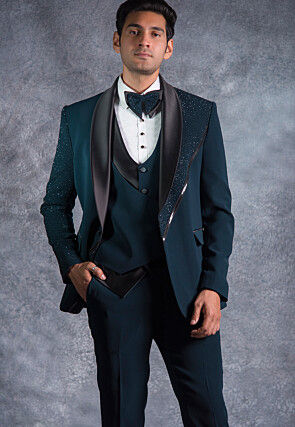 Hand Embroidered Terry Rayon Tuxedo Set in Teal Blue