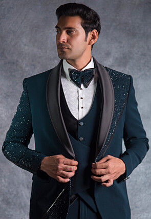 Hand Embroidered Terry Rayon Tuxedo Set in Teal Blue