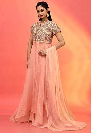 Hand Embroidered Tissue Abaya Style Suit in Peach