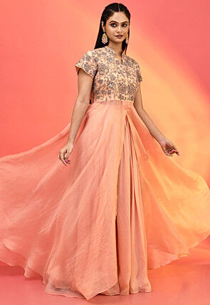 Hand Embroidered Tissue Abaya Style Suit in Peach